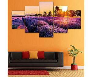 Dyldzzb Impression sur Toile Intissee 5 Pieces, Tableaux Decoration Murale HD Photo Children's Room 5 pièces Provence lavande champ affiches imprime coucher de soleil paysage toile peinture 150*100cm