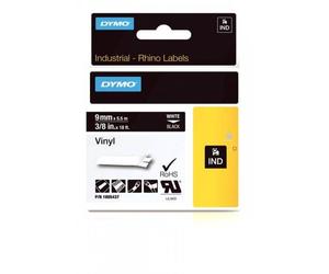 DYMO 1805437 Rhino Bande Vinyle Adhésive Permanente Blanc sur Noire 9mm x 5.5m