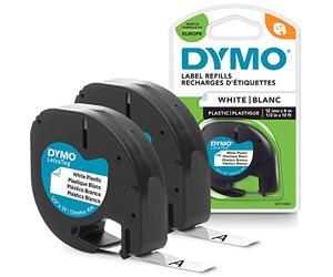 DYMO LetraTag 2 Recharges d’Étiquettes, Plastique, Noir sur Blanc, 12 mm | 2 Cassettes de Ruban Autocollant, pour un Étiquetage Standard, pour la Maison, le Bureau et l'École, Chaque Rouleau de 4 m
