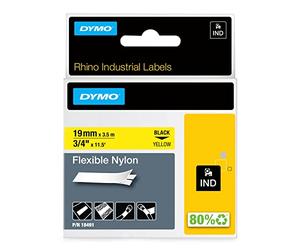 DYMO Rhino Étiquettes industrielles | Nylon flexible | rouleau de 19 mm x 3,5 m | autocollantes impression en noir sur fond jaune | pour étiqueteuses Rhino et LabelManager