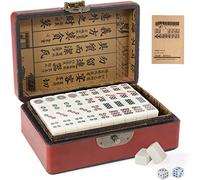 Dyna-Living Mini Mahjong chinois, structure solide facile à lire, 144 carreaux de Mahjong, 2 dés et boîte de transport en cuir, ensemble complet Majong pour jeu de table