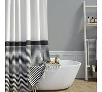 Dynamene Rideau de douche en tissu à rayures style rustique moderne avec pompons - Rideau de douche de luxe pour salle de bain avec 10 crochets - 152 x 183 cm - Noir et blanc