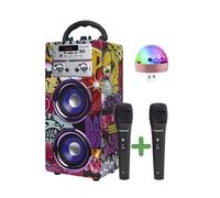 Machine à Karaoké Portable DYNASONIC avec 2 Micros, Enceinte Haut-Parleur Bluetooth, Designs Exclusifs, Lecteur USB/SD, Lumières, Cadeau pour Enfants (Modele 12 lumière)