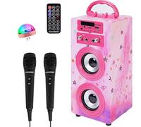 Machine à Karaoké Portable DYNASONIC avec 2 Micros, Enceinte Haut-Parleur Bluetooth, Designs Exclusifs, Lecteur USB/SD, Lumières, Cadeau pour Enfants (Modele 15 lumière)