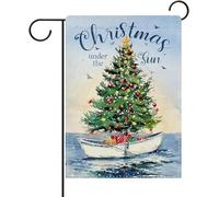 Dyrenson Drapeau de jardin décoratif de Noël sous le soleil de juillet, arbre de Noël côtier, bateau, aquarelle, cour, extérieur, décoration d'intérieur