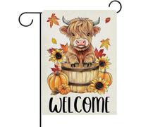 Dyrenson Drapeau de jardin décoratif en forme de vache des Highlands, citrouille d'automne, tournesol, tonneau, cour, extérieur, décoration d'intérieur, lointain