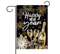Dyrenson Drapeau de jardin décoratif « Happy New Year 2026 » - Noir et doré - Horloge à champagne - Cadeau de cour - Décoration extérieure de la maison - Feu d'artifice de Noël - En toile de jute