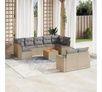 DYRJDJWIDHW 10-Piece Beige Woven Resin Outdoor Patio Furniture Set with Cushions, Modular Garden Sofa with Acacia Wood Table, Waterproof Rattan Lounge Set for Backyard, Terrace, Poolside