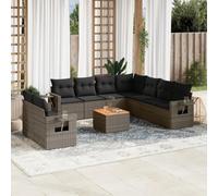 DYRJDJWIDHW 10-Piece Grey Woven Resin Outdoor Garden Furniture Set with Cushions, Modular Patio Sofa Set with Side Table, Acacia Wood Top, UV-Resistant for Backyard, Terrace