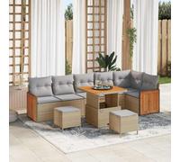 DYRJDJWIDHW 11 Pcs Outdoor Modular Sofa Set Beige Light Grey, Modern Garden Patio Furniture with Acacia Wood Table, Waterproof Rattan Sectional Couch for Terrace Backyard Lounge