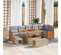 DYRJDJWIDHW 11 Pcs Outdoor Patio Furniture Set, Modern Garden Sofa Set with Acacia Wood Table, Modular Sectional Couch in Beige & Light Grey, Waterproof Rattan for Terrace, Backyard, Poolside Lounge