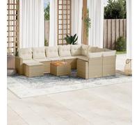 DYRJDJWIDHW 11-Piece Beige Wicker Patio Furniture Set with Cushions, Outdoor Garden Sofa Set with Acacia Wood Table, Modular Resin Rattan Sectional Seating for Backyard, Terrace, Poolside