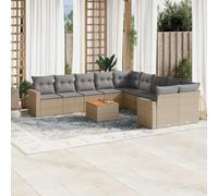 DYRJDJWIDHW 11-Piece Beige Wicker Patio Furniture Set with Cushions, Outdoor Garden Sofa Set with Acacia Wood Table, Modular Rattan Sectional Seating for Backyard, Terrace, UV Resistant & Waterproof