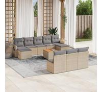 DYRJDJWIDHW 11-Piece Outdoor Patio Furniture Set with Beige Woven Resin Cushions, Modular Garden Sofa Set with Foldable Side Table, Acacia Wood Table, UV-Resistant for Backyard, Terrace, Poolside