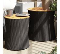 DYRJDJWIDHW 2 Pcs Garden Side Tables Set with Black Wood Top & Poly Rattan, Outdoor Coffee Table for Patio, Terrace, Yard, Durable Acacia Wood & Powder Coated Steel Frame, Space Saving Nesting Design