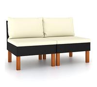 DYRJDJWIDHW 2-Piece Woven Resin and Eucalyptus Wood Patio Conversation Set with Removable Cushions, Outdoor Lounge Sofa for Garden, Poolside, Black Frame with Cream Cushions