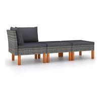 DYRJDJWIDHW 3 Pieces Outdoor Patio Furniture Set, Wicker Resin and Solid Eucalyptus Wood Garden Sofa with Cushions, Grey Lounge Set for Balcony, Backyard, Poolside Relaxation