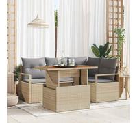DYRJDJWIDHW 5-Piece Outdoor Dining Set Beige Grey, Patio Garden Furniture with Storage, Modular Rattan Sofa Set and Acacia Wood Table for Terrace, Balcony, Backyard