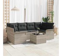 DYRJDJWIDHW 7-Piece Outdoor Patio Sofa Set, Modular Garden Furniture with Glass Table, Light & Dark Grey Poly Rattan Sectional Couch for Terrace, Poolside, Backyard Relaxation and Social Gatherings