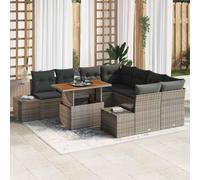 DYRJDJWIDHW 9-Piece Outdoor Dining Set, Grey and Brown Poly Rattan Garden Furniture with Solid Acacia Table, Modular Patio Seating Group for Terrace, Backyard