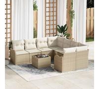 DYRJDJWIDHW 9-Piece Outdoor Patio Furniture Set, Beige Poly Rattan Sofa Sectional with Cushions and Tempered Glass Coffee Table, Modern Garden Conversation Set for Terrace, Backyard, Poolside