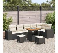 DYRJDJWIDHW 9-Piece Outdoor Patio Furniture Set, Modular Garden Sofa Sectional with Adjustable Coffee Table, Black Cream All-Weather PE Rattan and Acacia Wood for Terrace, Backyard, Poolside