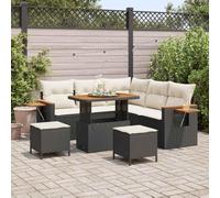 DYRJDJWIDHW 9-Piece Outdoor Patio Furniture Set, Modular Garden Sofa Set with Table and Ottoman in Black & Cream, All-Weather Wicker Rattan and Acacia Wood for Terrace, Poolside, Backyard