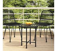 DYRJDJWIDHW Black Dining Table 50 cm Round Tempered Glass Top with Steel Frame, UV-Resistant PE Rattan Design for Garden, Terrace, Bistro Outdoor Use