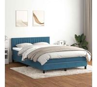 DYRJDJWIDHW Blue Velvet Bed Frame with Mattress 140x220cm, Adjustable Headboard, LED Lights, Pocket Spring Mattress for Bedroom and Guest Room Comfort