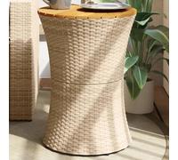 DYRJDJWIDHW Drum Shape Side Table for Outdoor, Beige Wicker Resin with Acacia Wood Top, Garden Patio Coffee Table, Weatherproof Powder Coated Steel Frame, Easy Assembly, Perfect for Terrace Courtyard