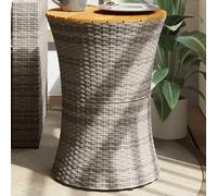 DYRJDJWIDHW Drum Shape Side Table for Outdoor Garden Patio, Grey Wicker Resin with Solid Acacia Wood Top, Powder Coated Steel Frame, Weather Resistant Coffee Table for Terrace Courtyard Balcony