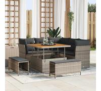 DYRJDJWIDHW Ensemble de Canape Jardin Modulable 8 Places avec Coussins Gris, Salon Exterieur pour Terrasse et Balcon, Mobilier de Jardin en Polyrotin Bois d'Acacia, Confortable et Durable