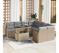 DYRJDJWIDHW Ensemble Salon de Jardin 9 Pièces Modulaire en Polyrotin Beige avec Coussins et Table en Verre, Canapé d'Extérieur Durable pour Terrasse et Meuble de Jardin Contemporain