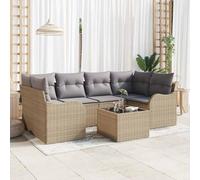 DYRJDJWIDHW Ensemble Salon de Jardin Modulaire 7 Pièces en Polyrotin Beige, Canapé d'Extérieur avec Table en Verre Trempé pour Terrasse Jardin Balcon, Confortable Durable Résistant aux UV