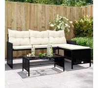 DYRJDJWIDHW L-Shape Outdoor Sofa Set with Glass Coffee Table, 3-Seater Garden Patio Furniture in Black Wicker, Includes Thick Cushions, Weather-Resistant for Terrace, Backyard