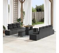 DYRJDJWIDHW Modern 10-Piece Outdoor Patio Furniture Set, Black Poly Rattan Sofa Sectional with Acacia Wood Table, Waterproof Cushions, Modular Garden Lounge Set for Terrace, Backyard, Poolside