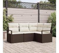 DYRJDJWIDHW Modern 4-Piece Outdoor Sofa Set, Brown and Cream Poly Rattan Wicker Patio Furniture with Cushions, Modular Garden Lounge Seating for Terrace, Balcony, Backyard