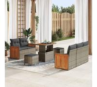 DYRJDJWIDHW Modular Garden Sofa Set 10 PCS with Cushions, Grey Poly Rattan Outdoor Furniture for Patio, Terrace, Modern Waterproof Lounge Seating with Acacia Wood Table, UV Resistant, Easy Assembly