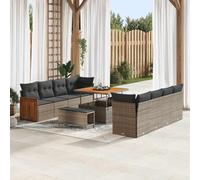 DYRJDJWIDHW Modular Garden Sofa Set 12 PCS with Cushions, Grey Poly Rattan Outdoor Furniture for Patio Terrace, Waterproof Cushions, Acacia Wood Table, Modern Lounge Set