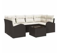 DYRJDJWIDHW Modular Garden Sofa Set 7 Pcs with Cushions, Brown and Cream Outdoor Furniture for Patio, Terrace, Lounge, Durable Waterproof Poly Rattan & Powder-Coated Steel Frame, Includes Table