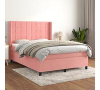 DYRJDJWIDHW Rose Velour Bed Frame with Mattress 140x190 cm, Adjustable Headboard, Pocket Spring System, Medium Firm Support for Back and Stomach Sleepers, Complete Bed Set with Topper