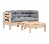 DYRJDJWIDHW Salon de Jardin 3 Pieces en Bois de Pin Massif avec Coussins Gris - Ensemble Canapé d'angle et Table Basse pour Jardin, Terrasse ou Balcon - Meuble Exterieur Durable et Confortable