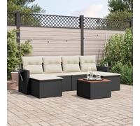 DYRJDJWIDHW Salon de Jardin 7 Pieces Black Wicker Resin Outdoor Furniture Set with Cushions, Acacia Wood Table, Modular Patio Sofa Set for Garden, Terrace, Backyard