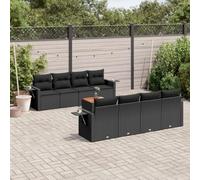 DYRJDJWIDHW Salon de Jardin 9 Pieces Black Wicker Resin Outdoor Furniture Set with Cushions, Folding Side Table & Acacia Wood Top, Modular Patio Sofa Set for Garden, Terrace, Backyard