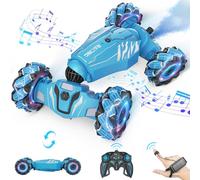 Dysaim Voiture Télécommandée Tout Terrain, 4WD Voiture Télécommandée avec la Main, 2,4Ghz 360° Rotation RC Stunt Car Musique Lumière et Spray, Cadeaux pour Garçons Filles Enfants 6 8 10 12 Ans, Bleu
