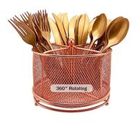 DysanVica Panier à ustensiles rotatif à 360° en métal - 4 compartiments pour couverts, fourchette, cuillère, serviette, panier de rangement pour fête, comptoir, buffet, pique-nique, camping, plein