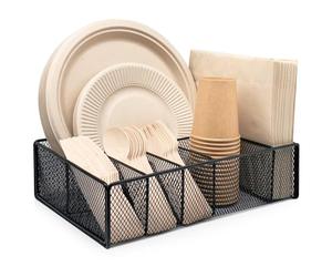 Dysanvica Support d'assiette en papier en métal - Panier à ustensiles pour comptoir de cuisine, armoire, couverts, boîte de rangement pour cuillère, fourchette, assiettes, serviettes, tasse, fête
