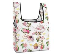 Dyscalibro Sac à provisions pliable, sac d'épicerie réutilisable, sac fourre-tout lavable pour un usage quotidien, sac de voyage, Gâteau et théière Floral, Taille unique