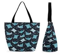 Dyscalibro Sac fourre-tout avec fermeture éclair, sac de plage à rayures noires et blanches, grand sac à bandoulière pour le quotidien, les voyages, Manta Ray and Fish, 28.5 x 18 x 32.5 cm