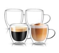 Dyserbuy Lot de 4 tasses à café isothermes à double paroi en verre de 250 ml avec poignée, parfaites pour latte, cappuccino, chocolat chaud, thé et jus de fruits